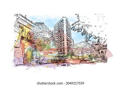 Building view with landmark of La Plata is the 
city in Argentina. Watercolor splash with hand drawn sketch illustration in vector.