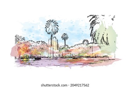 Building view with landmark of La Plata is the 
city in Argentina. Watercolor splash with hand drawn sketch illustration in vector.