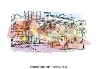 Building view with landmark of La Plata is the 
city in Argentina. Watercolor splash with hand drawn sketch illustration in vector.