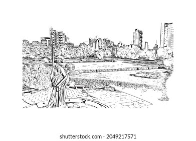 Building view with landmark of La Plata is the 
city in Argentina. Hand drawn sketch illustration in vector.