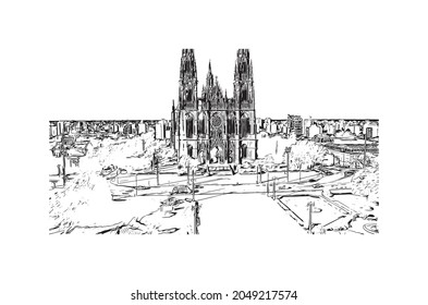 Building view with landmark of La Plata is the 
city in Argentina. Hand drawn sketch illustration in vector.