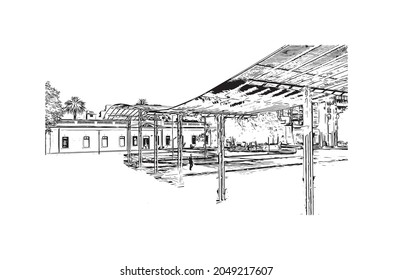 Building view with landmark of La Plata is the 
city in Argentina. Hand drawn sketch illustration in vector.