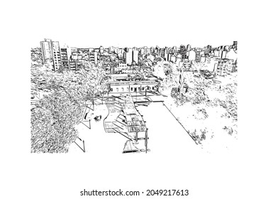 Building view with landmark of La Plata is the 
city in Argentina. Hand drawn sketch illustration in vector.