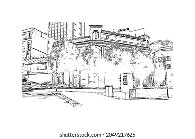 Building view with landmark of La Plata is the 
city in Argentina. Hand drawn sketch illustration in vector.