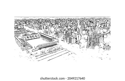 Building view with landmark of La Plata is the 
city in Argentina. Hand drawn sketch illustration in vector.