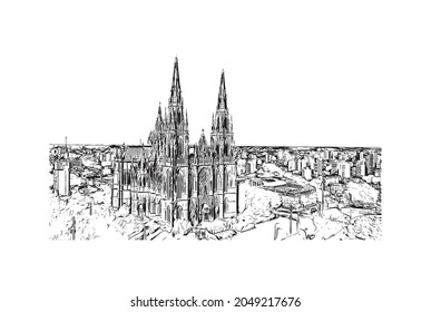 Building view with landmark of La Plata is the 
city in Argentina. Hand drawn sketch illustration in vector.