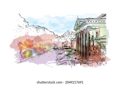 Building view with landmark of La Plata is the 
city in Argentina. Watercolor splash with hand drawn sketch illustration in vector.