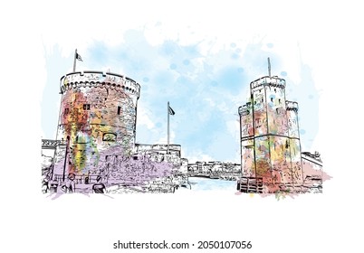 Die Aussicht auf das Gebäude mit Wahrzeichen von La Rochelle ist die 
Stadt in Frankreich. Aquarellspritzer mit handgezeichneter Skizzengrafik in Vektorgrafik.