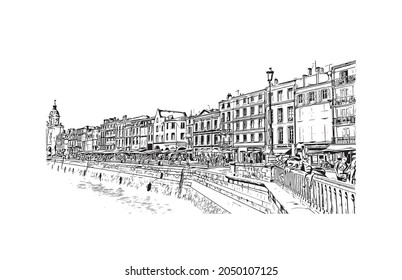 Building view with landmark of La Rochelle is the 
city in France. Hand drawn sketch illustration in vector.