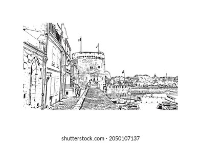 Building view with landmark of La Rochelle is the 
city in France. Hand drawn sketch illustration in vector.