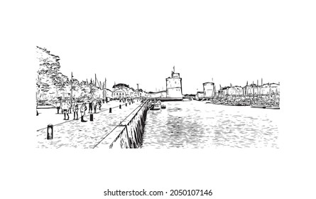 Building view with landmark of La Rochelle is the 
city in France. Hand drawn sketch illustration in vector.