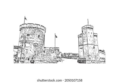 Building view with landmark of La Rochelle is the 
city in France. Hand drawn sketch illustration in vector.