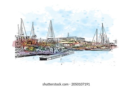 Building view with landmark of La Rochelle is the 
city in France. Watercolor splash with hand drawn sketch illustration in vector.