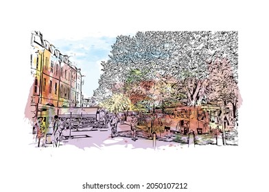 Building view with landmark of La Rochelle is the 
city in France. Watercolor splash with hand drawn sketch illustration in vector.