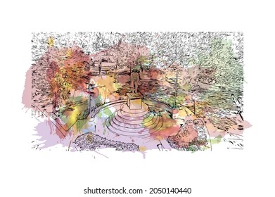 Building view with landmark of La Romana is the 
municipality in the Dominican Republic. Watercolor splash with hand drawn sketch illustration in vector.