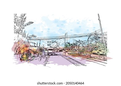 Building view with landmark of La Romana is the 
municipality in the Dominican Republic. Watercolor splash with hand drawn sketch illustration in vector.
