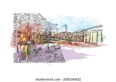 Building view with landmark of La Romana is the 
municipality in the Dominican Republic. Watercolor splash with hand drawn sketch illustration in vector.