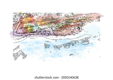 Building view with landmark of La Romana is the 
municipality in the Dominican Republic. Watercolor splash with hand drawn sketch illustration in vector.