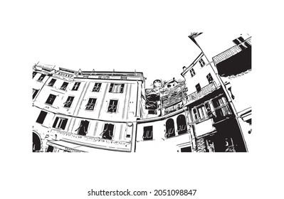 Building view with landmark of La Spezia is a port city in Italy. Hand drawn sketch illustration in vector.