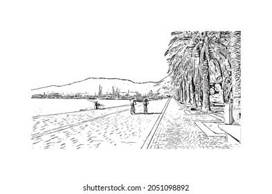 Building view with landmark of La Spezia is a port city in Italy. Hand drawn sketch illustration in vector.