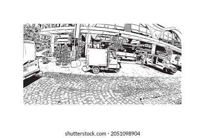 Building view with landmark of La Spezia is a port city in Italy. Hand drawn sketch illustration in vector.