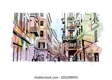 Bauansicht mit Wahrzeichen von La Spezia ist eine Hafenstadt in Italien. Aquarellspritzer mit handgezeichneter Skizzengrafik in Vektorgrafik.