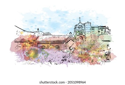 Building view with landmark of La Spezia is a port city in Italy. Watercolor splash with hand drawn sketch illustration in vector.