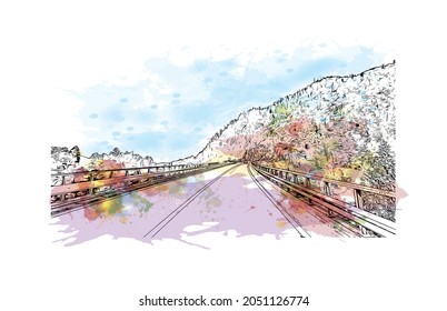 Building view with landmark of Laax is the 
municipality in Switzerland. Watercolor splash with hand drawn sketch illustration in vector.