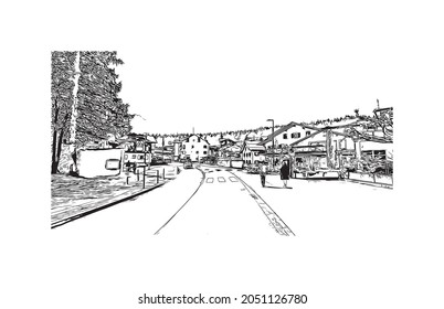 Building view with landmark of Laax is the 
municipality in Switzerland. Hand drawn sketch illustration in vector.