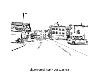 Building view with landmark of Laax is the 
municipality in Switzerland. Hand drawn sketch illustration in vector.