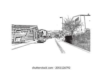 Building view with landmark of Laax is the 
municipality in Switzerland. Hand drawn sketch illustration in vector.