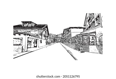 Building view with landmark of Laax is the 
municipality in Switzerland. Hand drawn sketch illustration in vector.