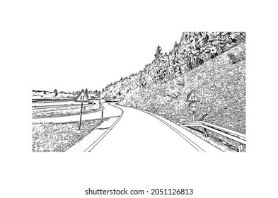 Building view with landmark of Laax is the 
municipality in Switzerland. Hand drawn sketch illustration in vector.