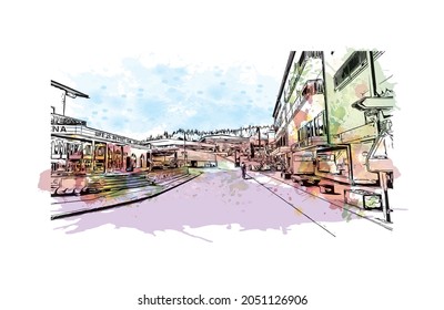 Building view with landmark of Laax is the 
municipality in Switzerland. Watercolor splash with hand drawn sketch illustration in vector.