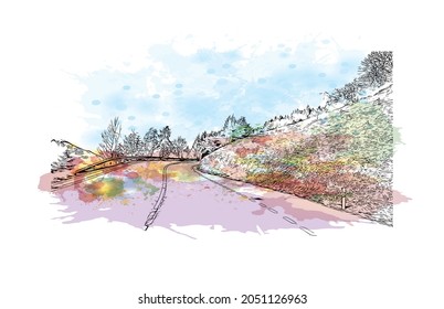 Building view with landmark of Laax is the 
municipality in Switzerland. Watercolor splash with hand drawn sketch illustration in vector.