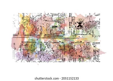 Building view with landmark of Lafayette is the 
city in Indiana. Watercolor splash with hand drawn sketch illustration in vector.