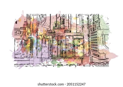 Building view with landmark of Lafayette is the 
city in Indiana. Watercolor splash with hand drawn sketch illustration in vector.