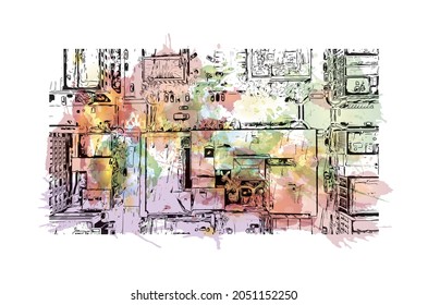 Building view with landmark of Lafayette is the 
city in Indiana. Watercolor splash with hand drawn sketch illustration in vector.