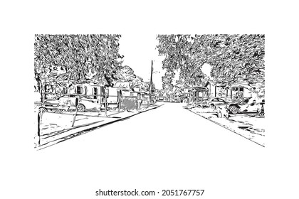 Building view with landmark of Lafayette is a city in southern Louisiana. Hand drawn sketch illustration in vector.