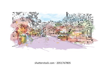 Building view with landmark of Lafayette is a city in southern Louisiana. Watercolor splash with hand drawn sketch illustration in vector.