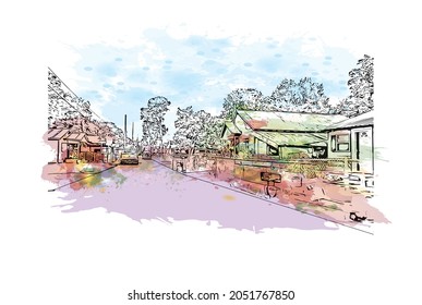 Building view with landmark of Lafayette is a city in southern Louisiana. Watercolor splash with hand drawn sketch illustration in vector.