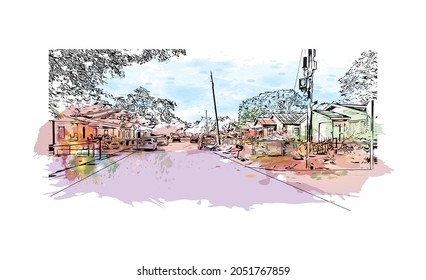 Building view with landmark of Lafayette is a city in southern Louisiana. Watercolor splash with hand drawn sketch illustration in vector.
