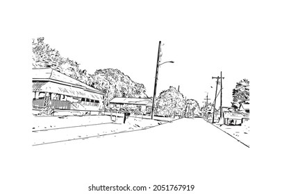 Building view with landmark of Lafayette is a city in southern Louisiana. Hand drawn sketch illustration in vector.
