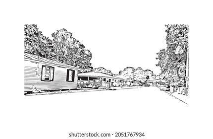 Building view with landmark of Lafayette is a city in southern Louisiana. Hand drawn sketch illustration in vector.