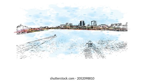 Building view with landmark of Lagos is the 
city in Nigeria. Watercolor splash with hand drawn sketch illustration in vector. 