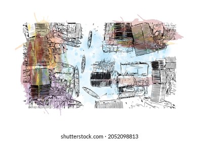 Building view with landmark of Lagos is the 
city in Nigeria. Watercolor splash with hand drawn sketch illustration in vector. 