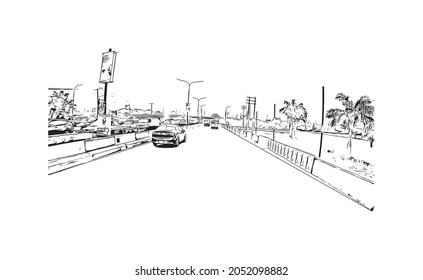 Building view with landmark of Lagos is the 
city in Nigeria. Hand drawn sketch illustration in vector. 