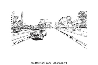Building view with landmark of Lagos is the 
city in Nigeria. Hand drawn sketch illustration in vector. 