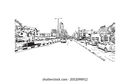 Building view with landmark of Lagos is the 
city in Nigeria. Hand drawn sketch illustration in vector. 