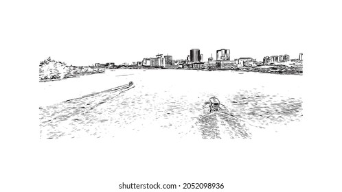 Building view with landmark of Lagos is the 
city in Nigeria. Hand drawn sketch illustration in vector. 